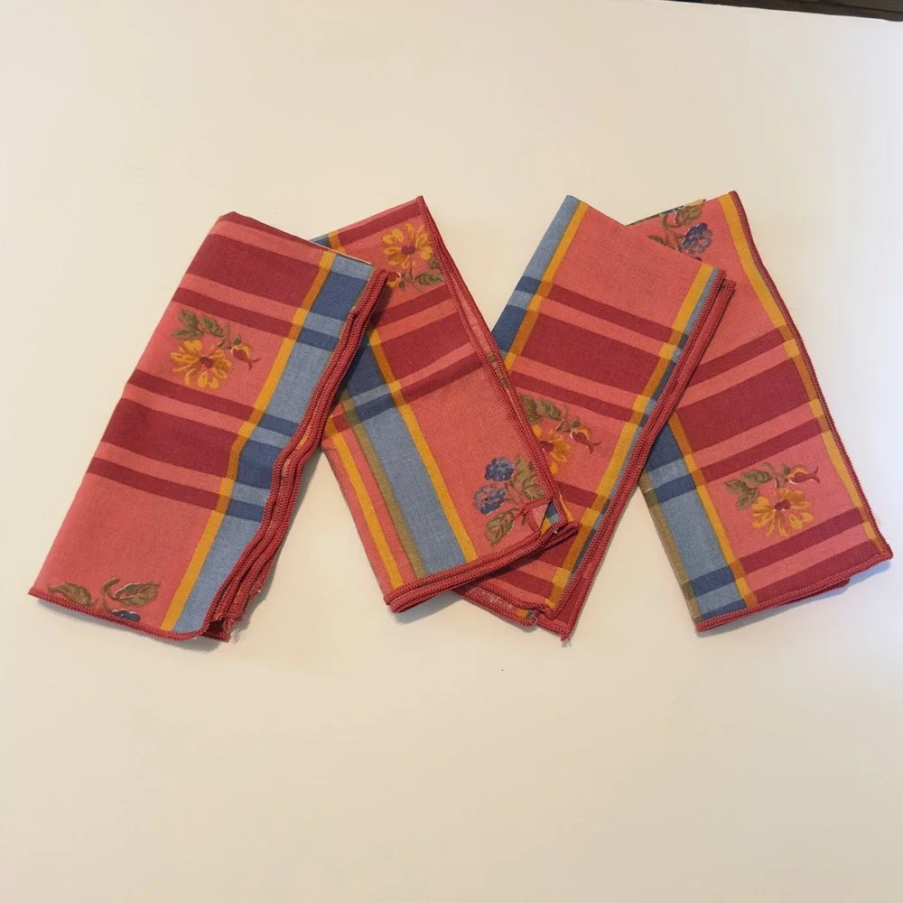 Vintage French Country Floral Plaid Cloth Napkins Set of 4 Yellow Red Blue 16x16